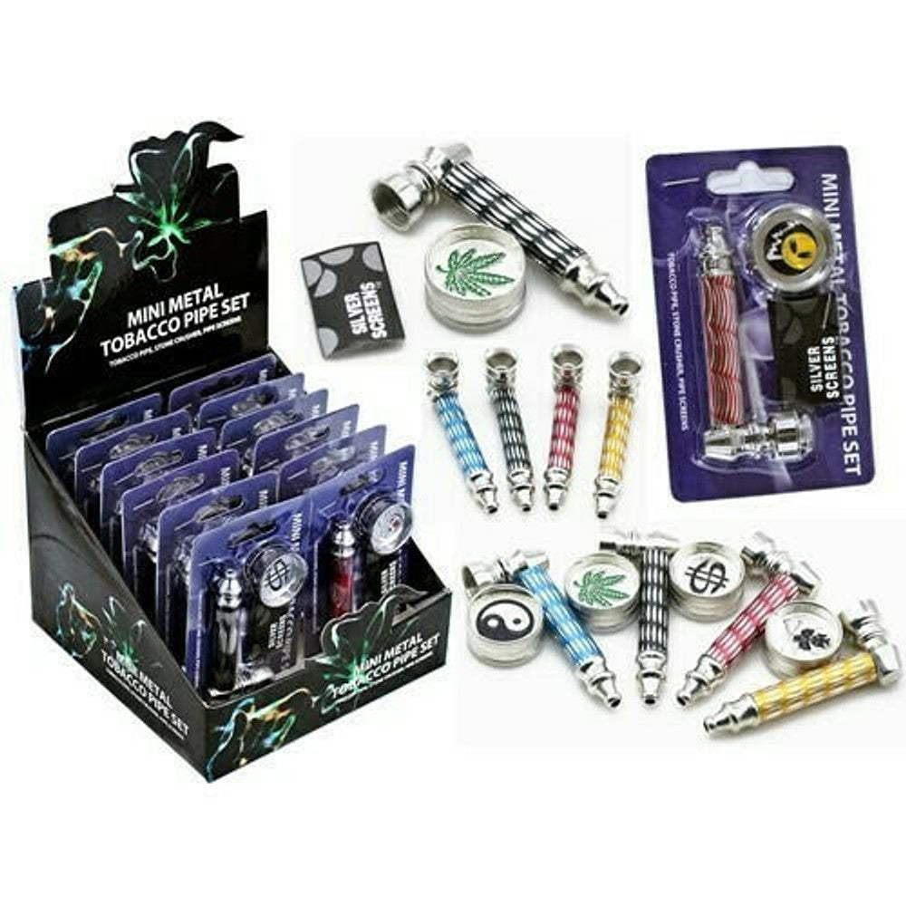 Mini Metal Tobacco Pipe 3 in 1 Set 12 Pack
